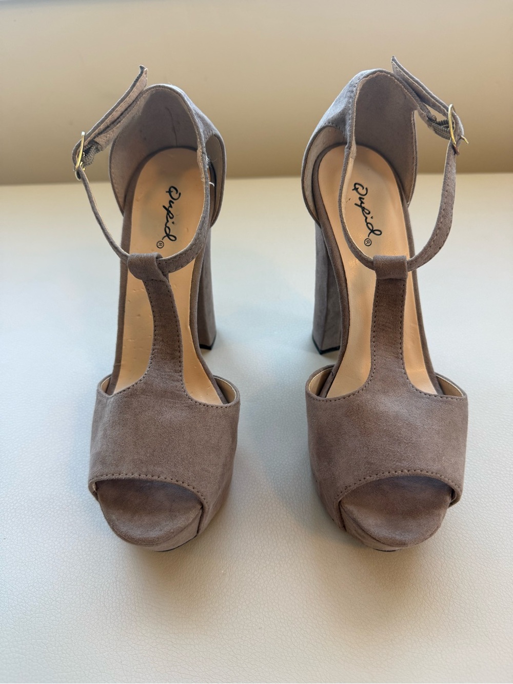 Qupid Taupe Suede T-Strap Platform Block Heels